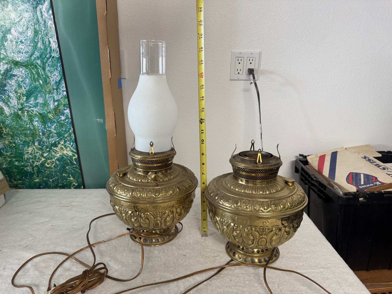 Set of Two Antique Metal & Glass Lamps