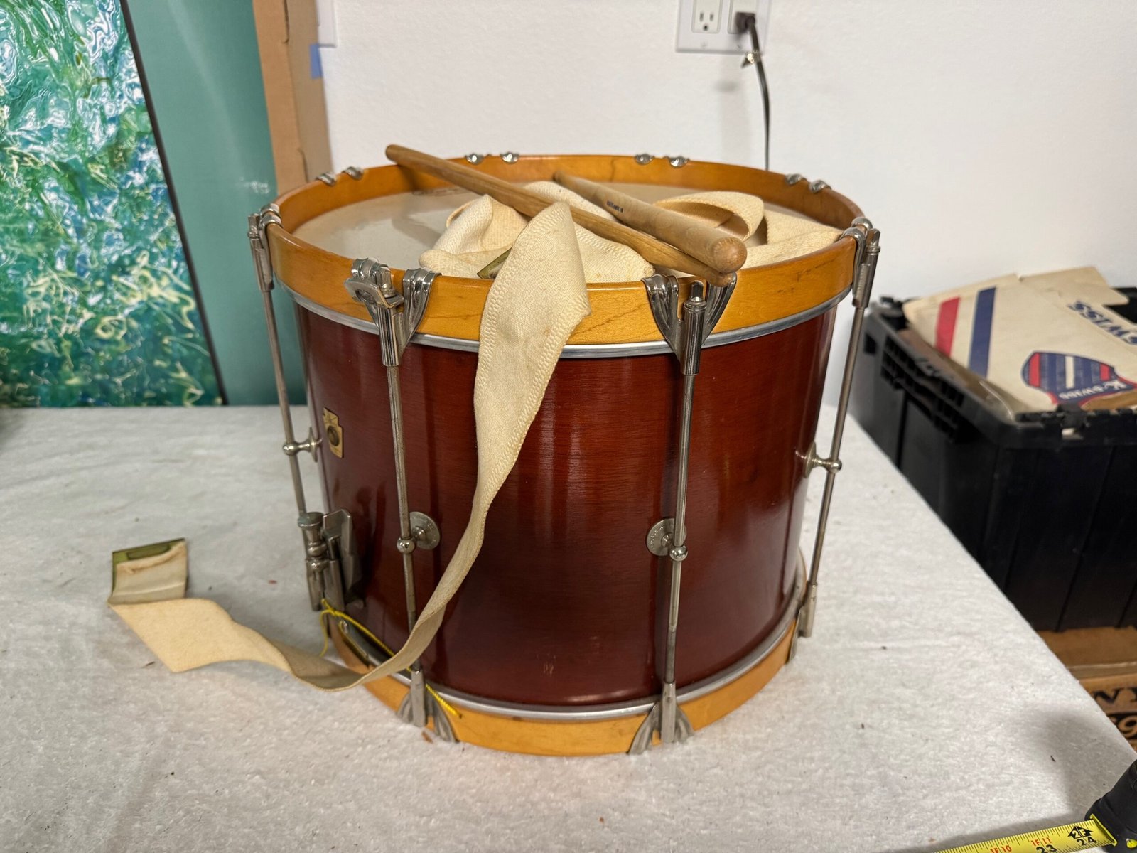 Vintage Army Snare Drum with strap, canvas storage bag, & drumsticks
