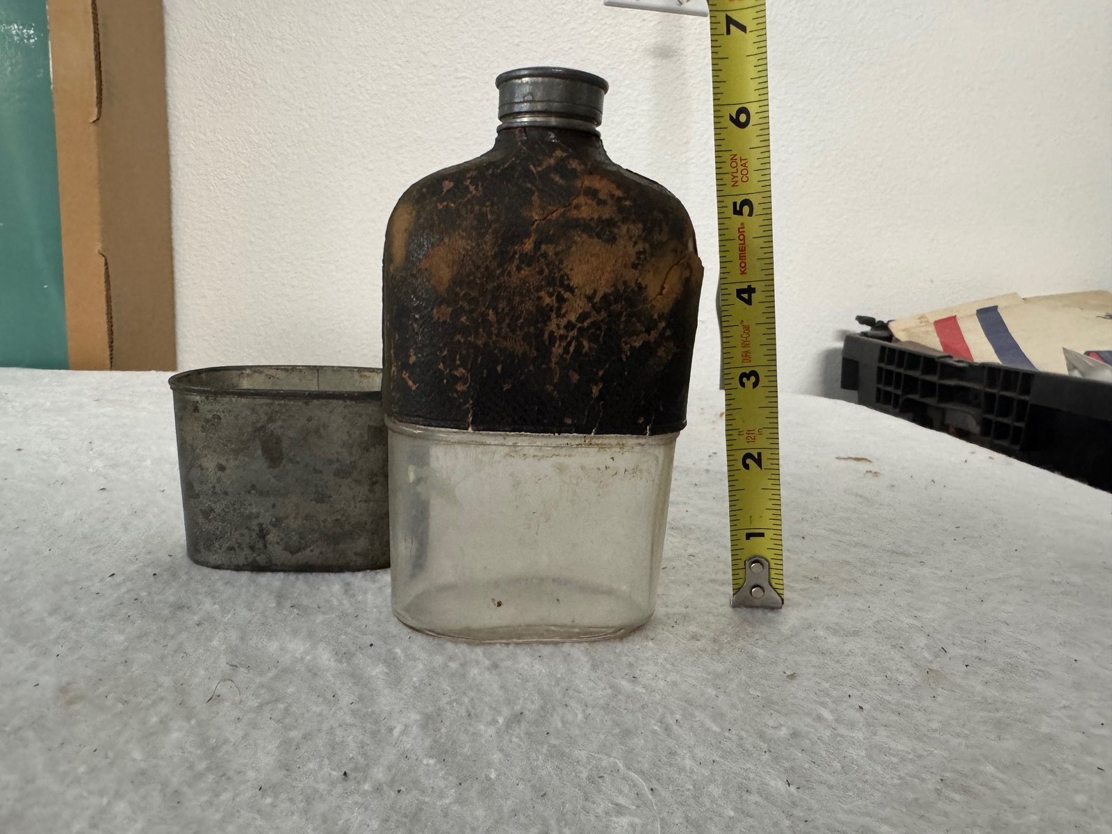 Vintage Flask (glass with leather top, metal removable base/cup)