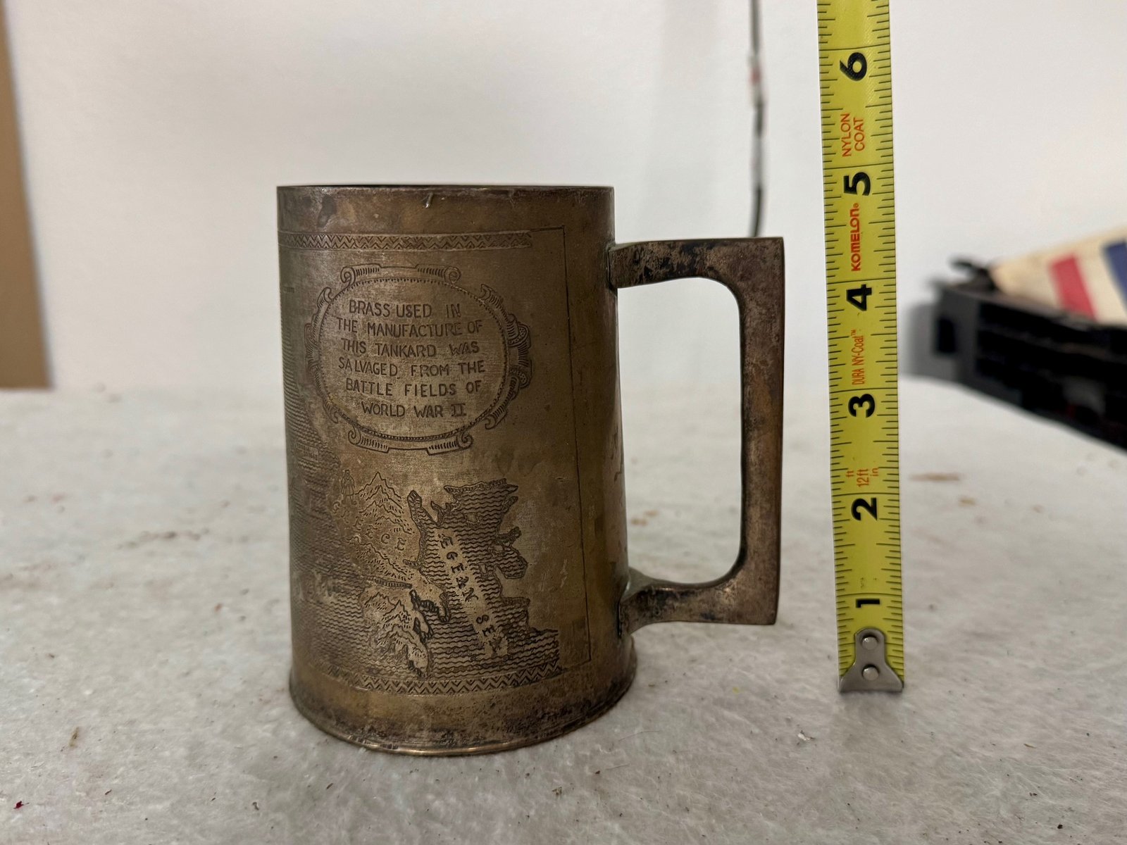Brass Beer Stein made from WWII battlefield brass – engraved with map of Mediterranean