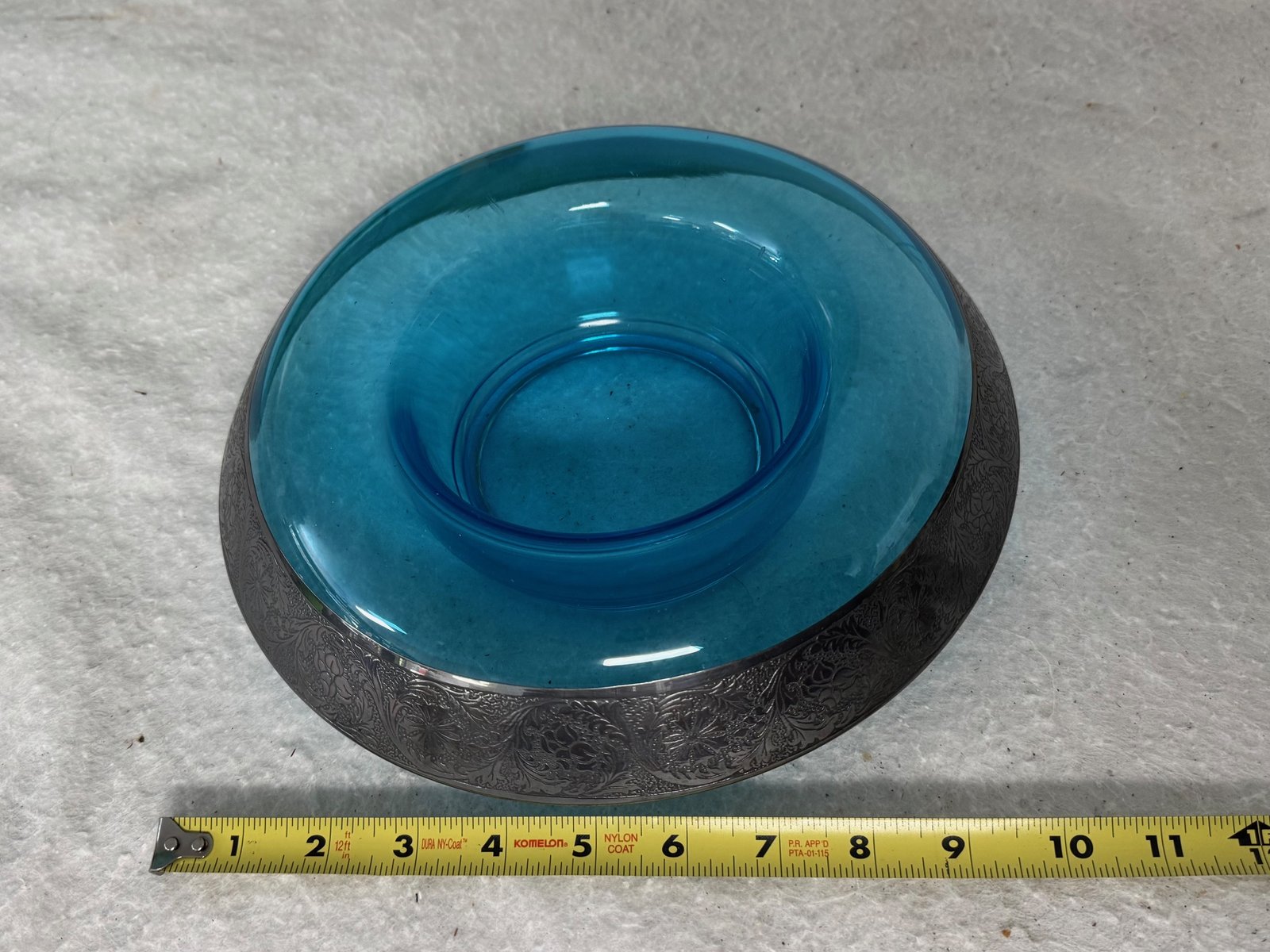 Blue Glass Dip Bowl/Catch All Bowl/Large Candle Holder with Metal Designed Trim