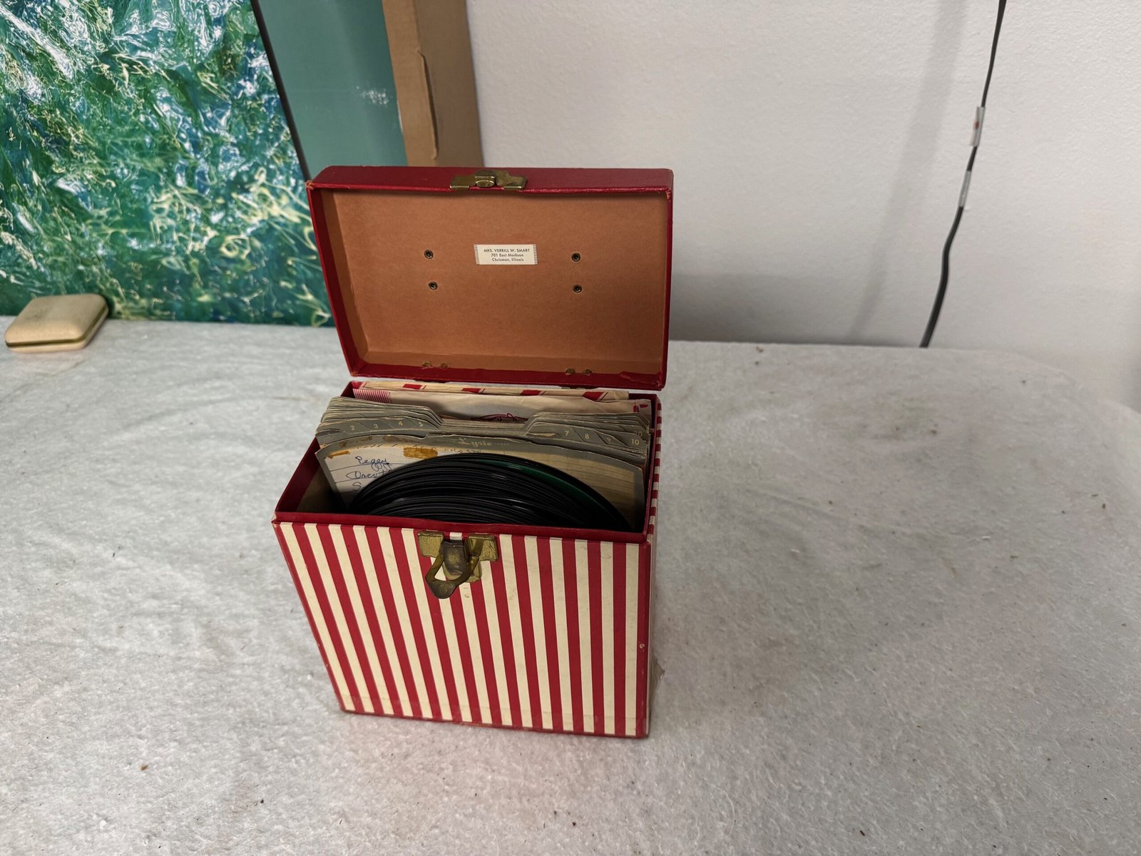 Vintage Box of Mrs. Verrill Smart’s Mini Vinyl Records (45’s)